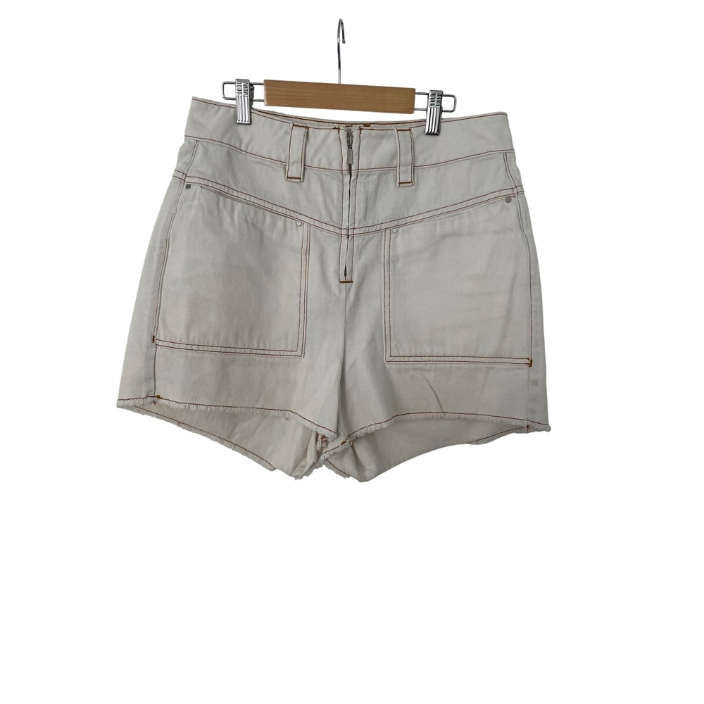 ba&sh Denim Shorts US 8 DAVI ECRU High Rise Patch Pockets Raw Hem French Brand